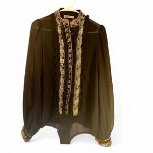 Jade & Cloud Silk Sheer Button Down Bodysuit Lace Feminine Victorian XS/S